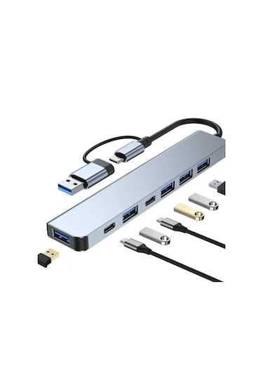 Alüminyum Usb Hub 7 in 1 Usb  / Type-C To Usb A, Usb C, Usb 2.0