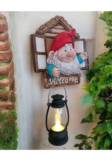 1 Adet Dekoratif Duvar Ve Bahçe Süsü Fenerli Sevimli Cüce Kırmızı