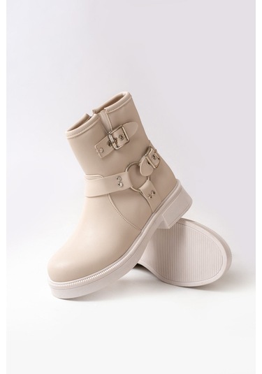 02-2013 Bej Toka Aksesuarlı Fermuarlı Günlük Kadın Bot Bej