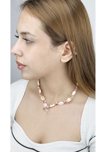 Midye Kabuklu, Turuncu Taşlı, Yaz Kolyesi 394, Altın Renk Çok REnkli