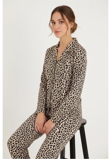 Luxury Soft Bej Leopar Desenli Uzun Kollu Kadın Pijama Takımı 3062 LEOPAR