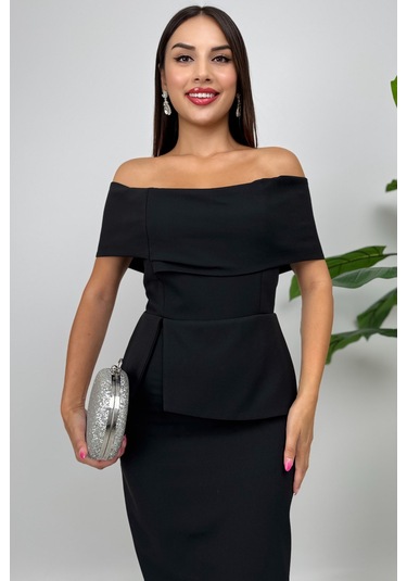 Vivenza Gül Detaylı Omuz Açık Kayık Yaka Uzun Siyah Abiye Elbise, Nişan Ve Düğün Zarafeti Siyah