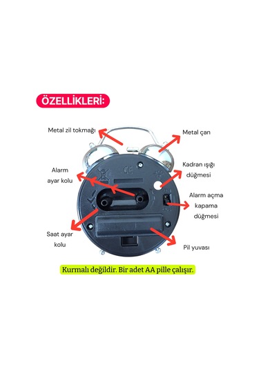 Upway Çanlı Tokmaklı Yüksek Zil Sesli Gümüş Metal Kasalı Işıklı Nostaljik Retro Çalar Saat Gümüş