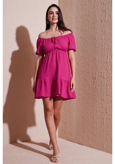 Lela Önü Büzgülü Balon Kollu Mini Bayan Elbise 5869005 Fuşya