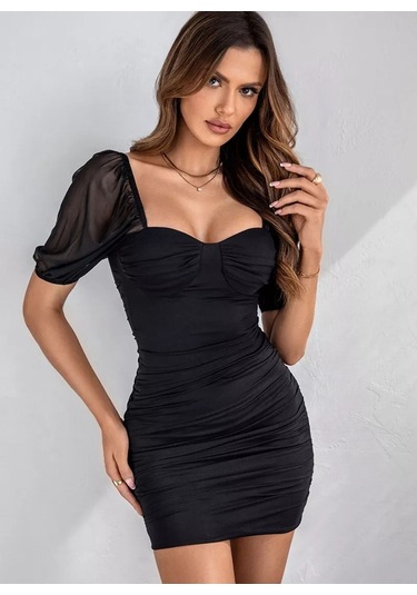 Tül Kollu Dar Esnek Likralı Öpücük Yaka Kokteyl Elbise Siyah Siyah