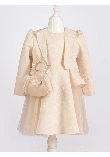 Kız Çocuk Elbise Ceketli Tüllü Çantalı 00390 Bej