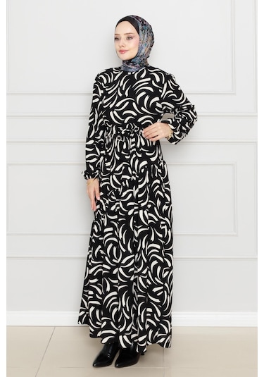 Beli Kuşaklı Çapraz Fırfırlı Lale Elbise-siyah-4465 Siyah