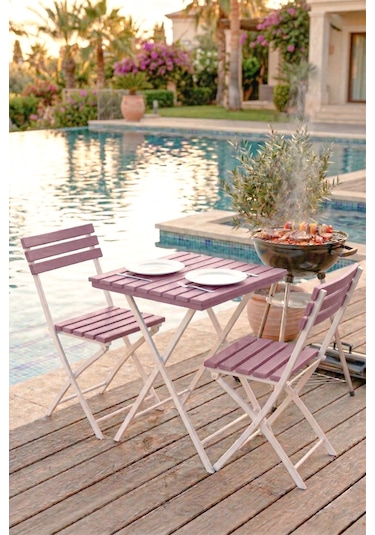 Katlanabilir 3'lü Masa Sandalye Bahçe & Bistro & Kamp & Balkon Takımı - Pembe