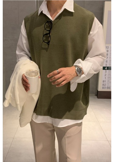 Erkek V Yaka Oversize Süveter Haki