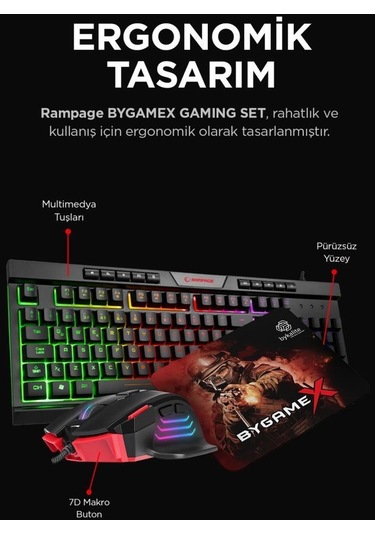 Rampage Bygamex K2 Süper 3lü Oyuncu Mouse Pad + Mouse + Klavye Set
