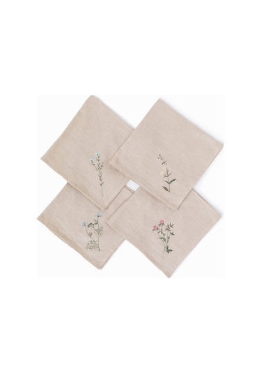 4'lü Kır Çiçeği İşlemeli Peçete Seti, Doğal Keten Peçeteler Naturel