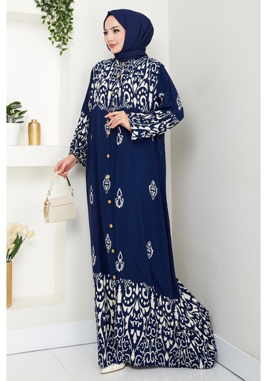 Çilay Düğmeli Dokuma Viskon Elbise 1561 - Lacivert Lacivert