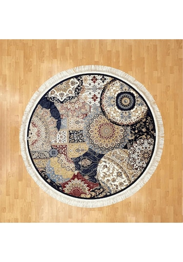 Mozaik Desenli 200 X 200 Yuvarlak İpek Halı Lacivert