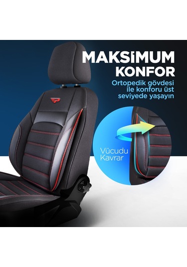 Panda Special Serisi Jakar Kumaş Oto Koltuk Kılıfı - Siyah - Kırmızı