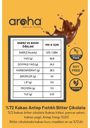 %72 Kakao Antep Fıstıklı Bitter Çikolata 100 G X 6 Adet