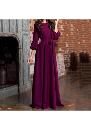 Kadın Yaz Casual Parti Elbise Kol Katı Uzun Elbiseler Kemerli Mor