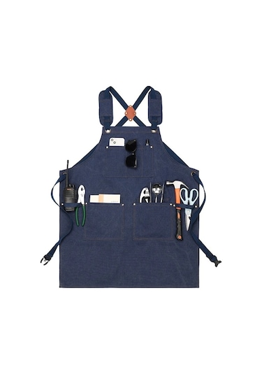 Dashanshop Mavi Dayanıklı Mumlu Bez İş Önlüğü Çok Cepli Ayarlanabilir Askı Mavi