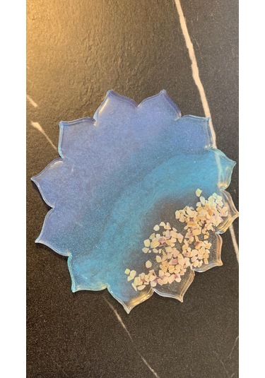 Su Mavisi Ve Yeşili Deniz Kabuklu Güneş Şekil Epoksi Bardak Altı Su Mavisi