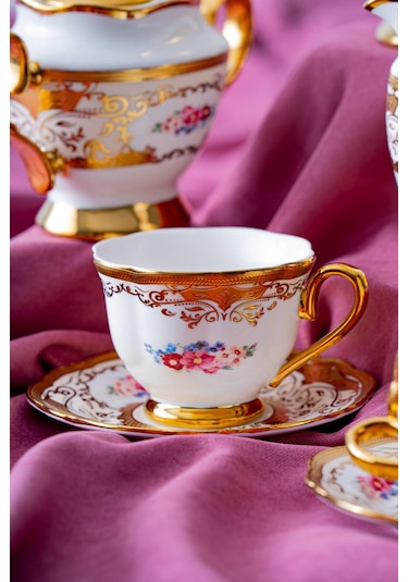 Acar Marigold 6 Kişilik 17 Parça Çay Seti Beyaz - Altın