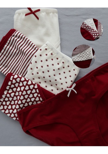 Alya Underwear Kız Çocuk Kalpli Dokuma Lastik Pamuklu Kumaş Slip Külot 5'li Paket 5 Adet Beyaz Bordo P27