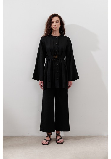 Keten Pensli Tunik Siyah Siyah