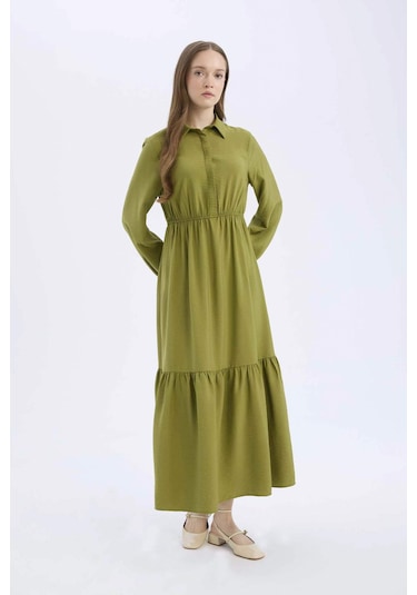 DeFacto Gömlek Yaka Basic Düz Düğmeli Beli Büzgülü Uzun Kollu Maxi Elbise D5851AX25SPKH414 DeFacto Gömlek Yaka Basic Düz Düğmeli Beli Büzgülü Uzun Kollu Maxi Elbise D5851AX25SPKH414
