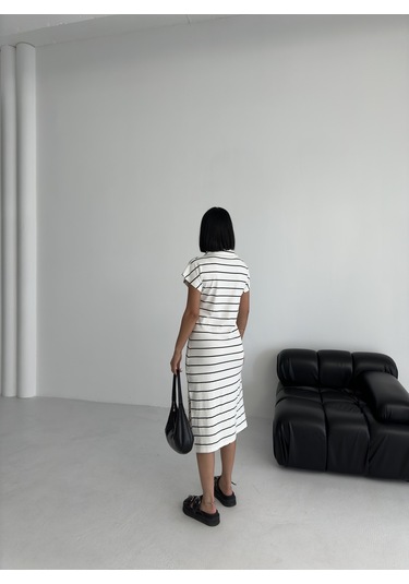Kadın Pamuklu Polo Yaka Çizgili Elbise Beyaz