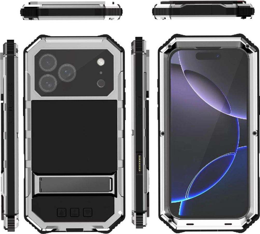 İphone 17 Pro Max İçin Metal Kılıf 360 Tam Vücut Koruyucu Kapak Standlı Ağır Hizmet Dayanıklı Şok Geçirmez Cam Ekran Koruyucu