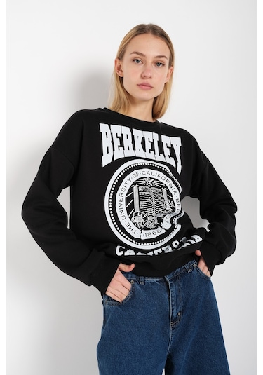 Modagen Kadın Siyah Berkeley Baskılı Bisiklet Yaka Oversize Sweatshirt Siyah