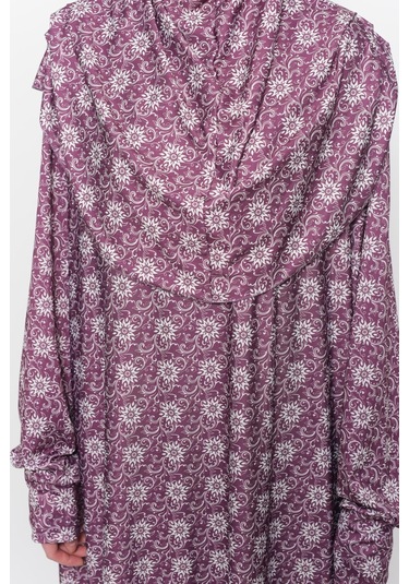 Pratik Tek Parça Güneş Desenli Kollu Tak Çıkar Başörtülü Likralı Tesettür Namaz Elbisesi 990-0302 Bordo Antrasit