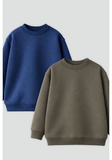 Zuzunga 2'li Basic Şardonlu Çocuk Sweatshirt Haki - Lacivert 9003