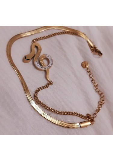 Giftworld Çelik Gold Yılan Bileklik / İki Bileklik Görünümlü Altın