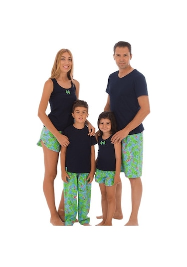 The Don Aile Lacivert-Yeşil Desenli Erkek Şort Takımı (9-14 Yaş)