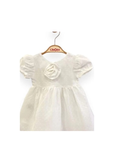 Çikoby Kız Bebek Gül Detaylı Şık Elbise-13761 Beyaz