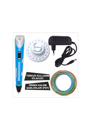 Mavi Renk 3d Kalem + 3 Renk Toplam 10 Metre Pla Filament + Şablon