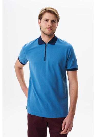 Arma Erkek Regular Fit Basic % 100 Pamuk Pike Fermuarlı Polo Yaka Tişört Y29374354302 Mavi