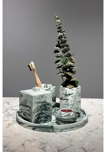 Betonmall 6 Parça Mermer Desenli Beton Wc Banyo Seti Takımı Sunum Tepsisi Diş Fırçalık Mumluk Pamukluk Yeşil