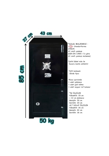 Ev Ve Ofis Tipi Çelik Para Kasası 85 Cm 50 Kg Güvenli Para Kasası