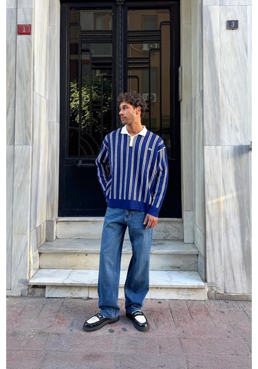Flaw Çizgili Baggy Fit Mavi Mavi