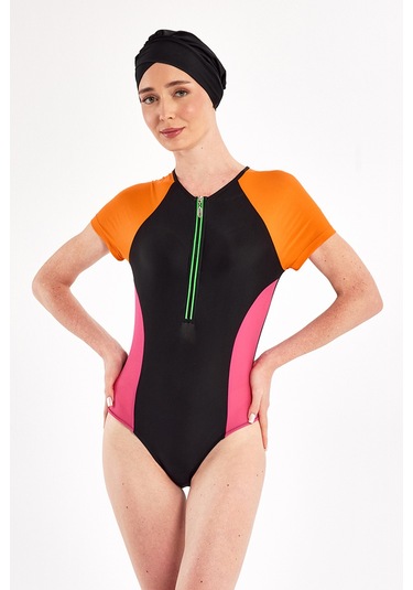 Uv Korumalı Kısa Kollu 3 Farklı Şekilde Giyilebilir Likralı Yarı Kapalı Mayo 1610 Siyah02 Siyah02