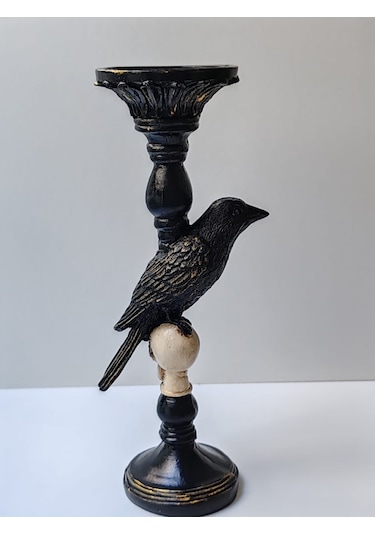 Gotik Tasarım Siyah Kuş Ve Kafatası Şamdan, Mumluk, El Yapımı, Ev Dekoru Siyah