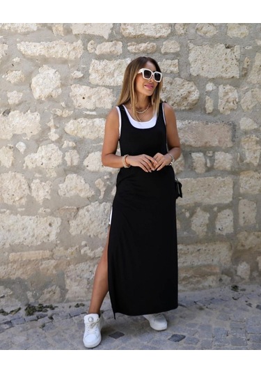 Kadın Yırtmaç Detaylı Viskon Kumaş Maxi Boy Cepli Iç Dahil Ikili Elbise Siyah