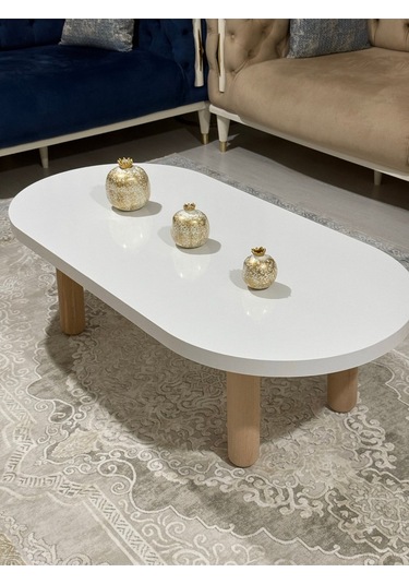 Oval Model 120x60 Cm Kalın Kenarlı Orta Sehpa Ahşap Ayaklı Beyaz