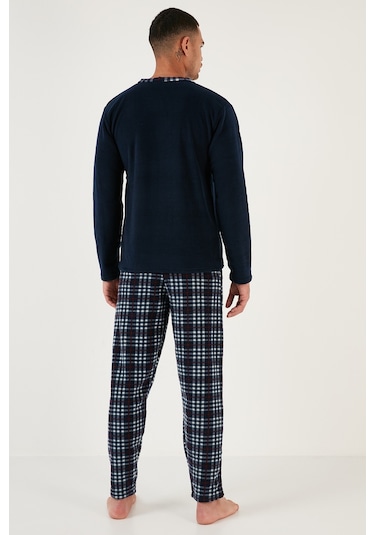 Buratti Ekoseli Regular Fit Düğmeli Bisiklet Yaka Kışlık Polar Erkek Pijama Takımı 60961002 Lacivert