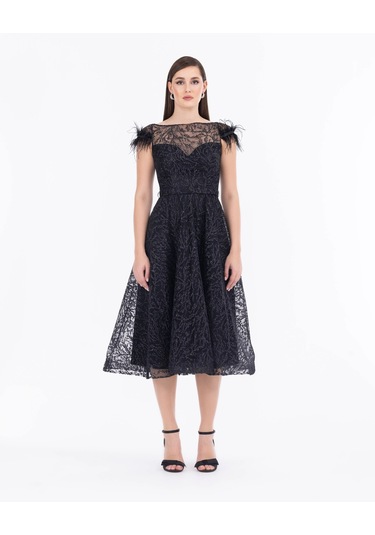 Kayık Yaka Tül Detaylı Simli Abiye-siyah Siyah