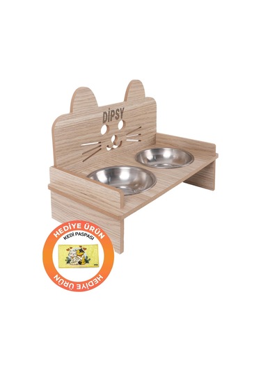 Gobypet Ahşap Özel İsim Baskılı Kulaklı Kedi Mama Su Kabı Standı