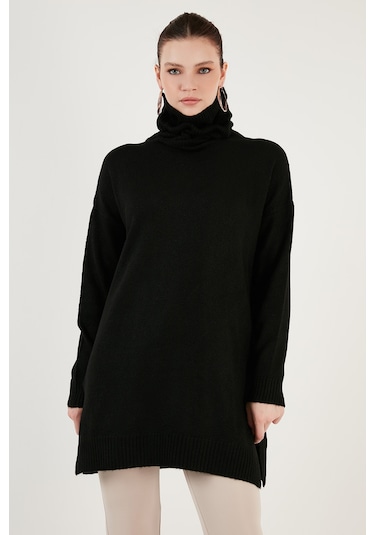 Lela Regular Fit Yanları Yırtmaçlı Boğazlı Yaka Uzun Triko Bayan Kazak 4616141Y Siyah