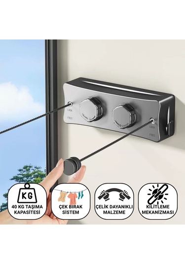 Polham 5.1 Metre Uzayabilir Çift Halatlı Çelik Dayanıklı Çek-bırak Çamaşır İpi, 40 Kg Taşıma Kapasiteli Gri