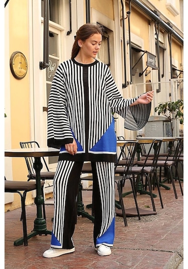 Çizgili Bisiklet Yaka Triko Takım Siyah Siyah