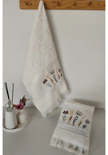 2'li Nakışlı Jakarlı Kadife El Yüz Havlusu Çiçek İşlemeli- %100 Pamuk - Krem Krem Krem